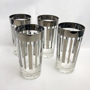 Mid Century Dorothy Thorpe Silver Stripe Glassware 1960s Barware Set of 4